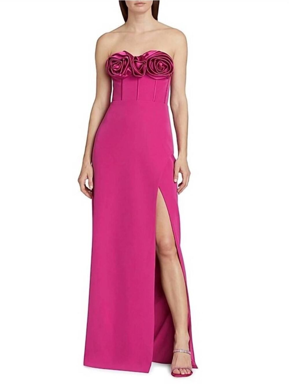 ML Monique Lhuillier Women’s Stella Pink Rosette Column Maxi Gown Dress Size 12